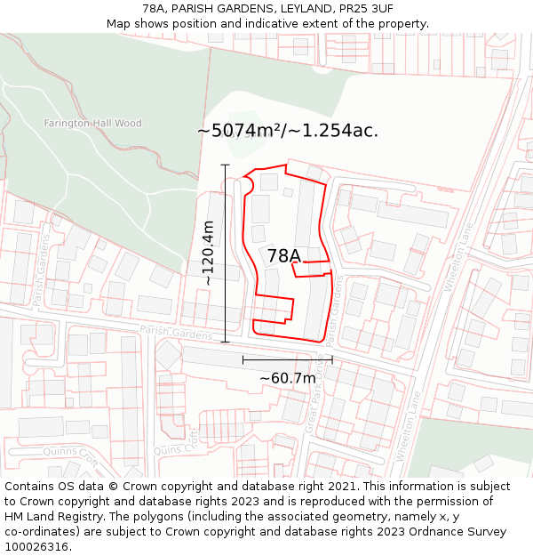 78A, PARISH GARDENS, LEYLAND, PR25 3UF: Plot and title map