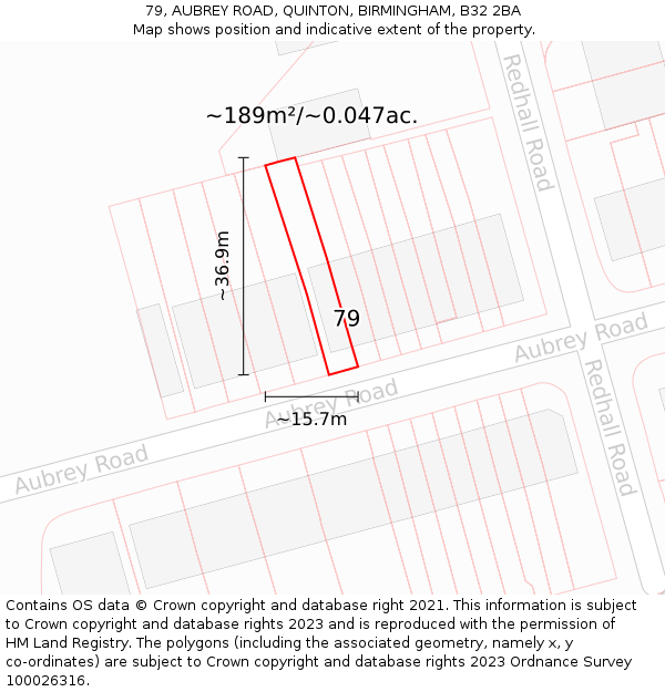 79, AUBREY ROAD, QUINTON, BIRMINGHAM, B32 2BA: Plot and title map