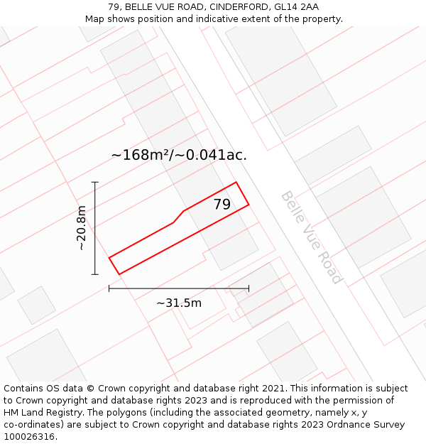 79, BELLE VUE ROAD, CINDERFORD, GL14 2AA: Plot and title map