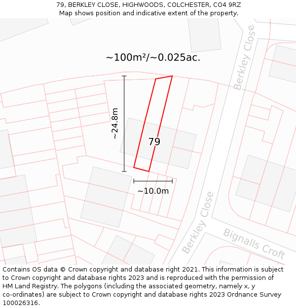 79, BERKLEY CLOSE, HIGHWOODS, COLCHESTER, CO4 9RZ: Plot and title map