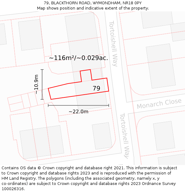 79, BLACKTHORN ROAD, WYMONDHAM, NR18 0PY: Plot and title map