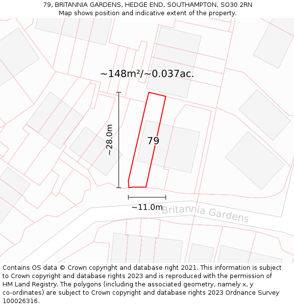 79, BRITANNIA GARDENS, HEDGE END, SOUTHAMPTON, SO30 2RN: Plot and title map