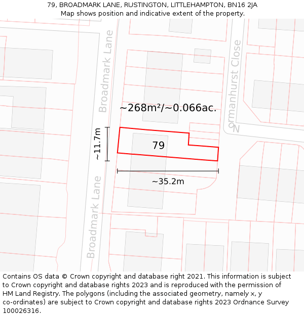 79, BROADMARK LANE, RUSTINGTON, LITTLEHAMPTON, BN16 2JA: Plot and title map