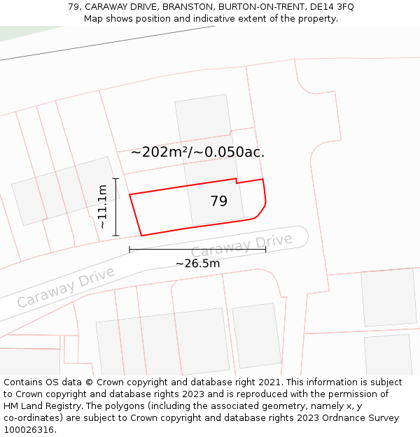 79, CARAWAY DRIVE, BRANSTON, BURTON-ON-TRENT, DE14 3FQ: Plot and title map