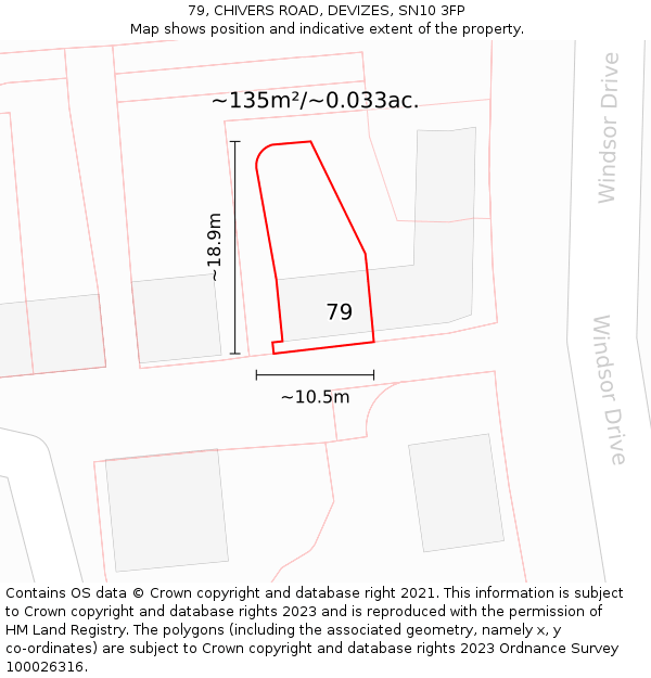 79, CHIVERS ROAD, DEVIZES, SN10 3FP: Plot and title map
