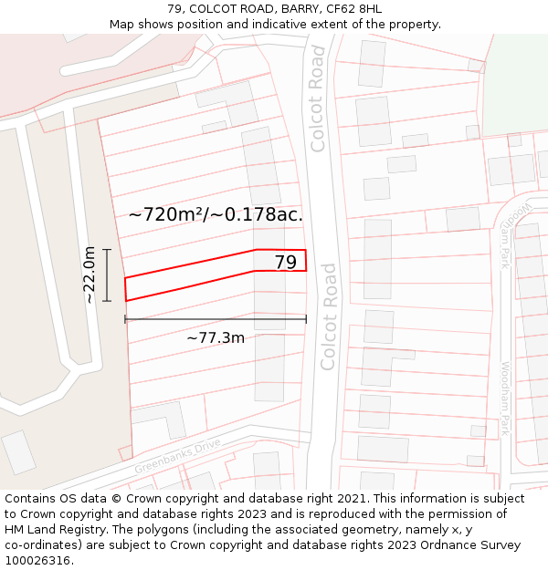79, COLCOT ROAD, BARRY, CF62 8HL: Plot and title map