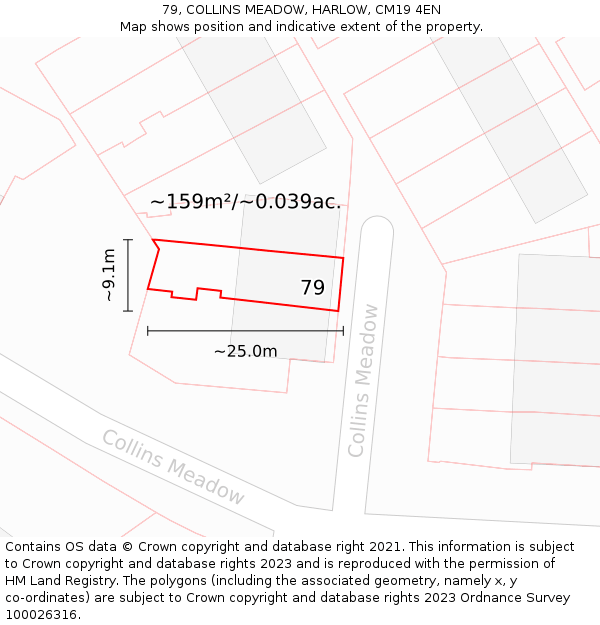 79, COLLINS MEADOW, HARLOW, CM19 4EN: Plot and title map