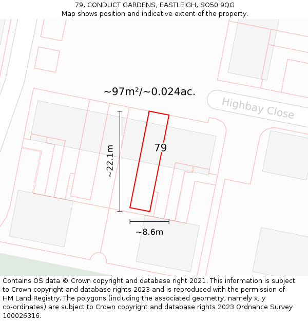 79, CONDUCT GARDENS, EASTLEIGH, SO50 9QG: Plot and title map