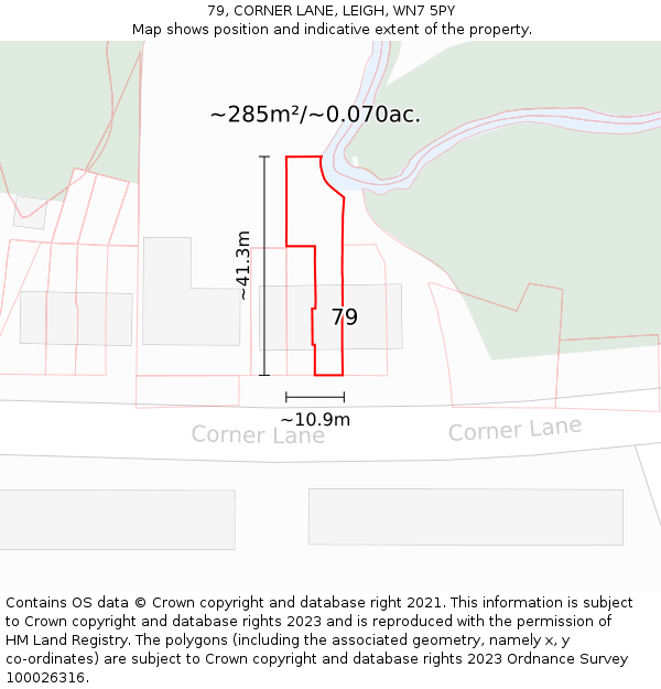 79, CORNER LANE, LEIGH, WN7 5PY: Plot and title map