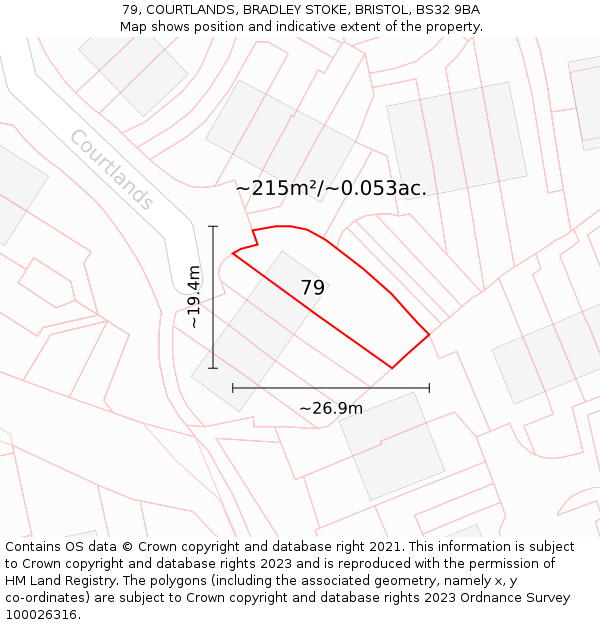 79, COURTLANDS, BRADLEY STOKE, BRISTOL, BS32 9BA: Plot and title map