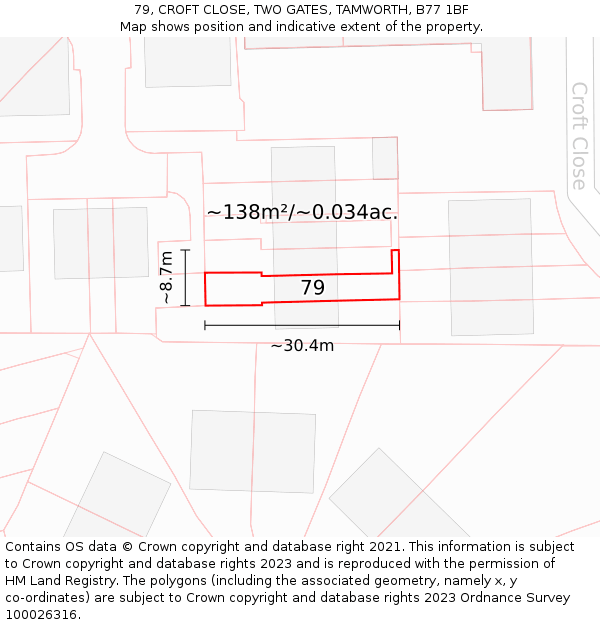 79, CROFT CLOSE, TWO GATES, TAMWORTH, B77 1BF: Plot and title map