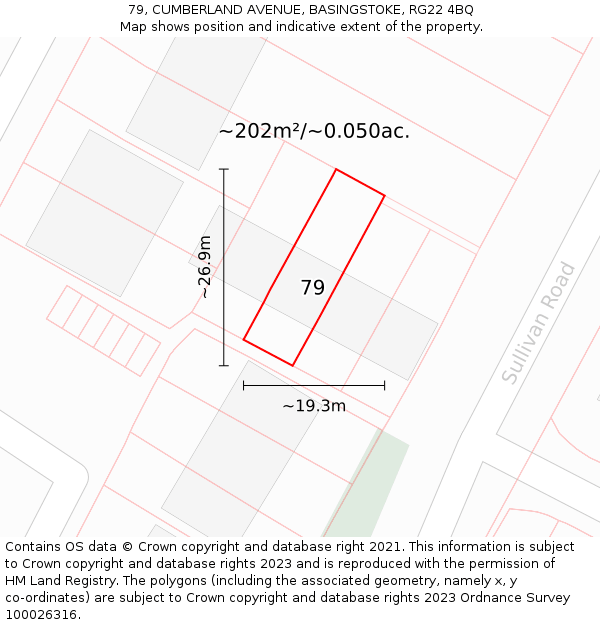 79, CUMBERLAND AVENUE, BASINGSTOKE, RG22 4BQ: Plot and title map