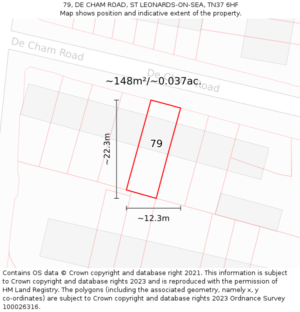 79, DE CHAM ROAD, ST LEONARDS-ON-SEA, TN37 6HF: Plot and title map