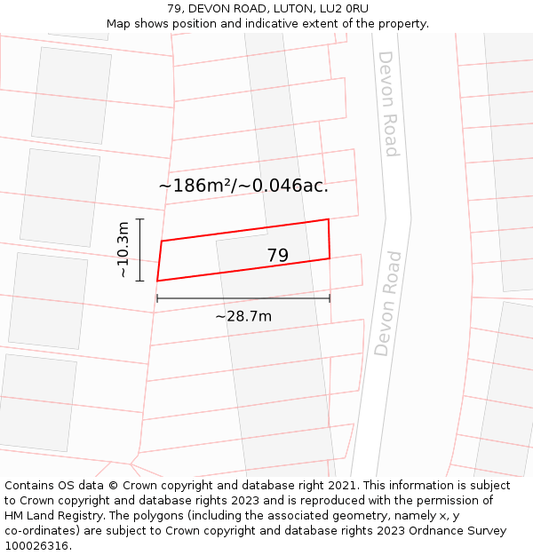 79, DEVON ROAD, LUTON, LU2 0RU: Plot and title map