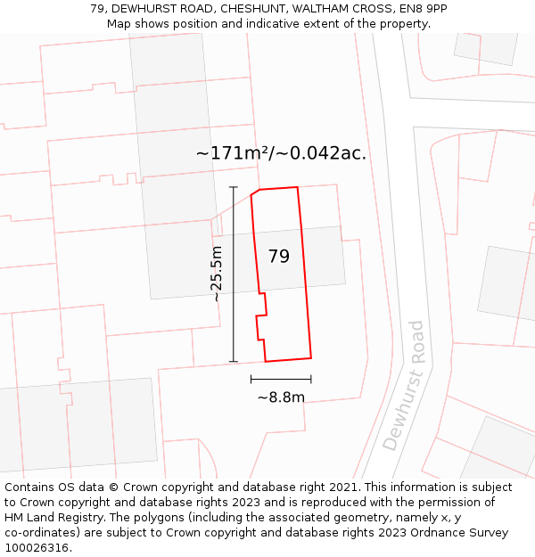 79, DEWHURST ROAD, CHESHUNT, WALTHAM CROSS, EN8 9PP: Plot and title map