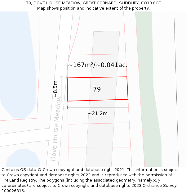 79, DOVE HOUSE MEADOW, GREAT CORNARD, SUDBURY, CO10 0GF: Plot and title map