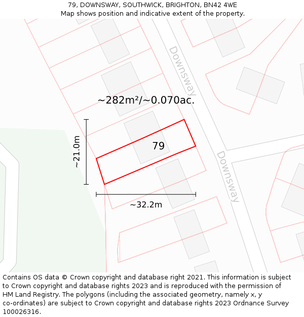 79, DOWNSWAY, SOUTHWICK, BRIGHTON, BN42 4WE: Plot and title map