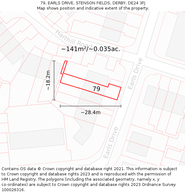 79, EARLS DRIVE, STENSON FIELDS, DERBY, DE24 3FJ: Plot and title map