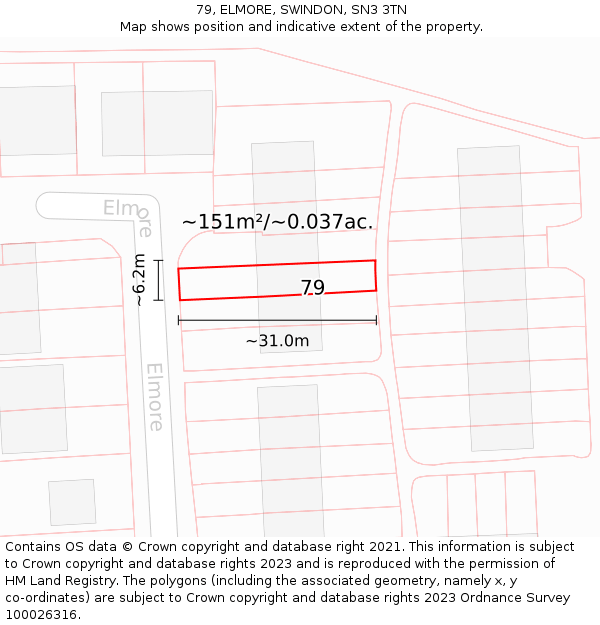 79, ELMORE, SWINDON, SN3 3TN: Plot and title map