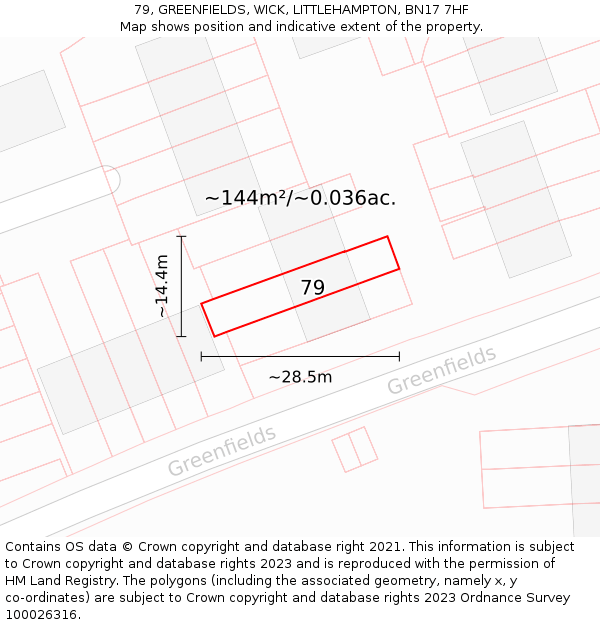 79, GREENFIELDS, WICK, LITTLEHAMPTON, BN17 7HF: Plot and title map