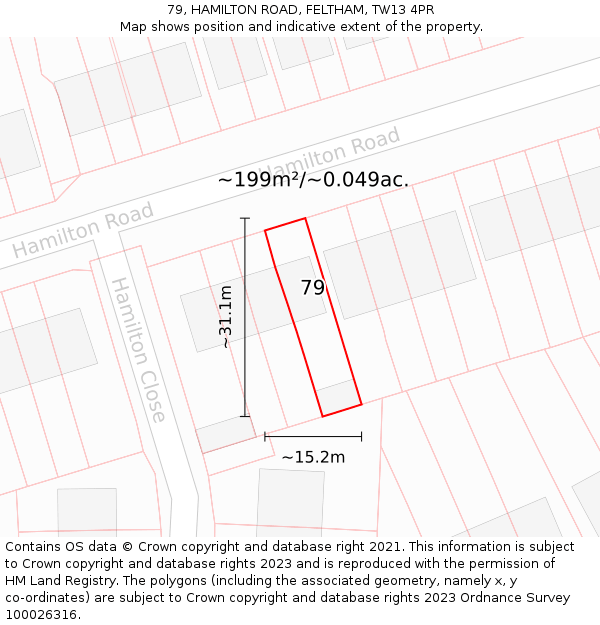 79, HAMILTON ROAD, FELTHAM, TW13 4PR: Plot and title map