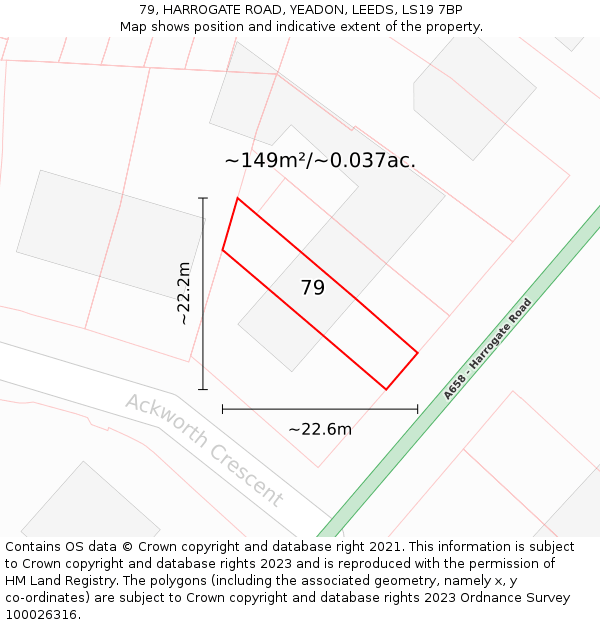 79, HARROGATE ROAD, YEADON, LEEDS, LS19 7BP: Plot and title map