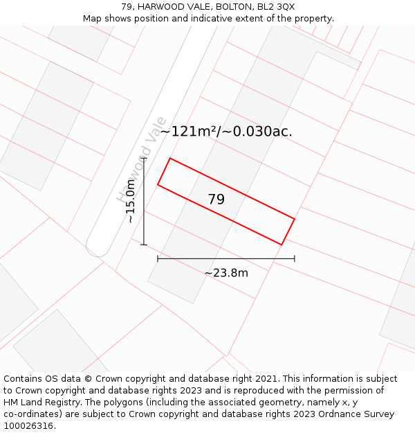 79, HARWOOD VALE, BOLTON, BL2 3QX: Plot and title map