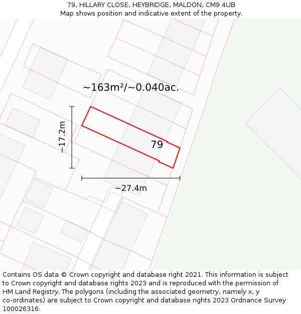79, HILLARY CLOSE, HEYBRIDGE, MALDON, CM9 4UB: Plot and title map
