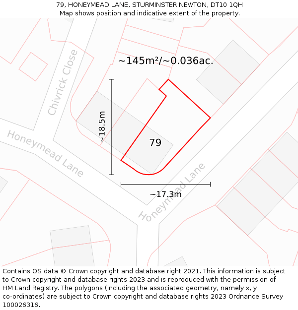 79, HONEYMEAD LANE, STURMINSTER NEWTON, DT10 1QH: Plot and title map