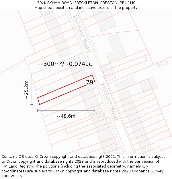79, KIRKHAM ROAD, FRECKLETON, PRESTON, PR4 1HS: Plot and title map