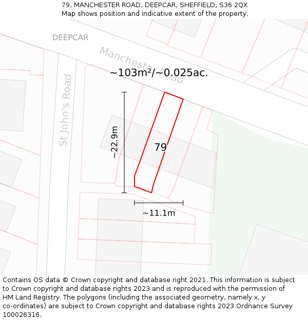 79, MANCHESTER ROAD, DEEPCAR, SHEFFIELD, S36 2QX: Plot and title map