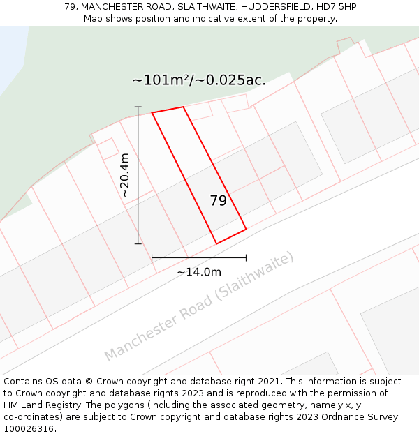 79, MANCHESTER ROAD, SLAITHWAITE, HUDDERSFIELD, HD7 5HP: Plot and title map