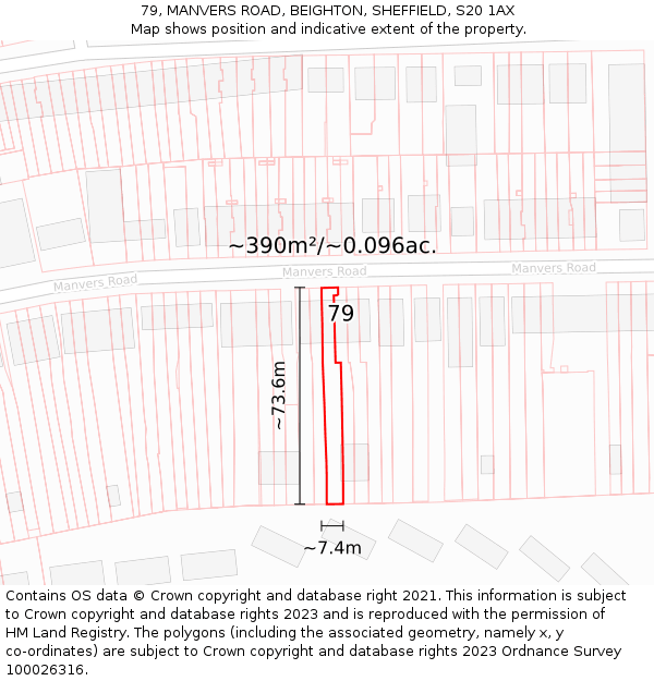79, MANVERS ROAD, BEIGHTON, SHEFFIELD, S20 1AX: Plot and title map