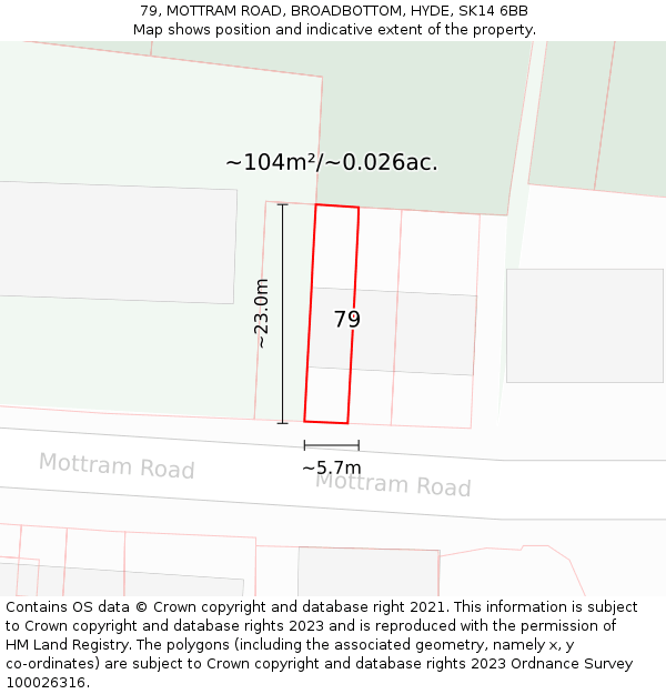 79, MOTTRAM ROAD, BROADBOTTOM, HYDE, SK14 6BB: Plot and title map