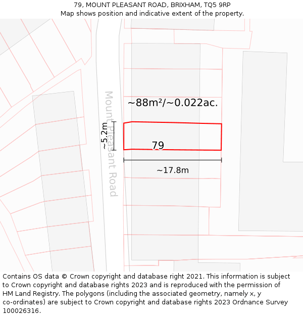79, MOUNT PLEASANT ROAD, BRIXHAM, TQ5 9RP: Plot and title map