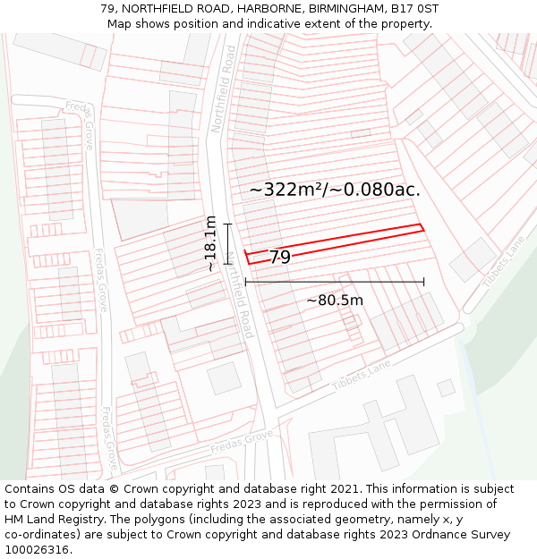 79, NORTHFIELD ROAD, HARBORNE, BIRMINGHAM, B17 0ST: Plot and title map