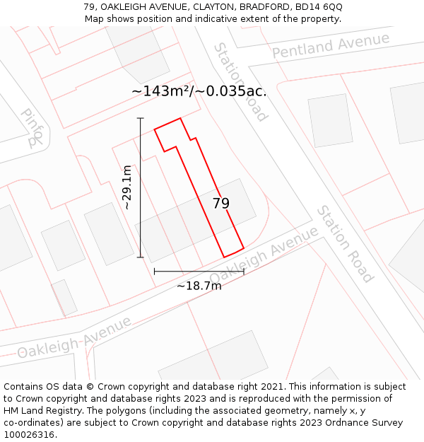 79, OAKLEIGH AVENUE, CLAYTON, BRADFORD, BD14 6QQ: Plot and title map