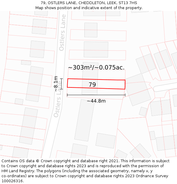79, OSTLERS LANE, CHEDDLETON, LEEK, ST13 7HS: Plot and title map