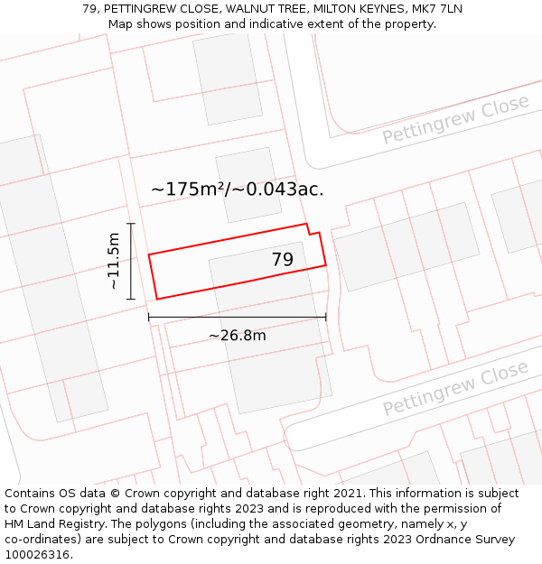 79, PETTINGREW CLOSE, WALNUT TREE, MILTON KEYNES, MK7 7LN: Plot and title map