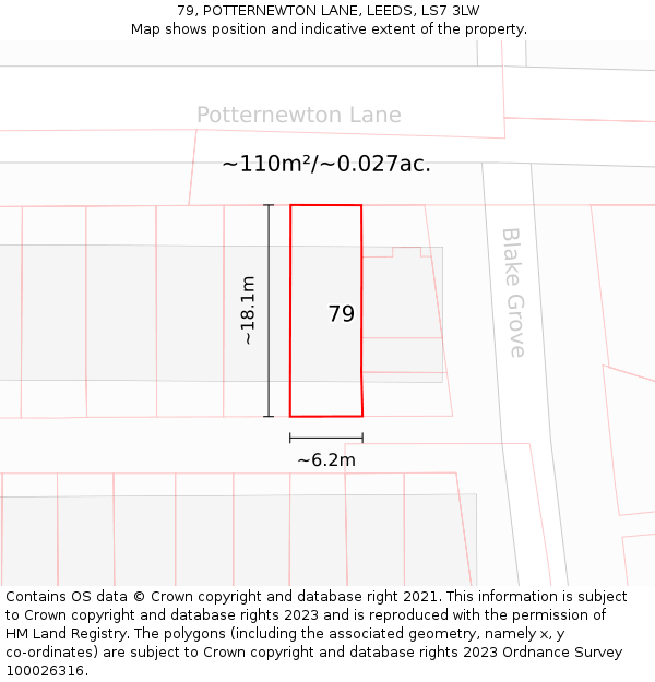 79, POTTERNEWTON LANE, LEEDS, LS7 3LW: Plot and title map
