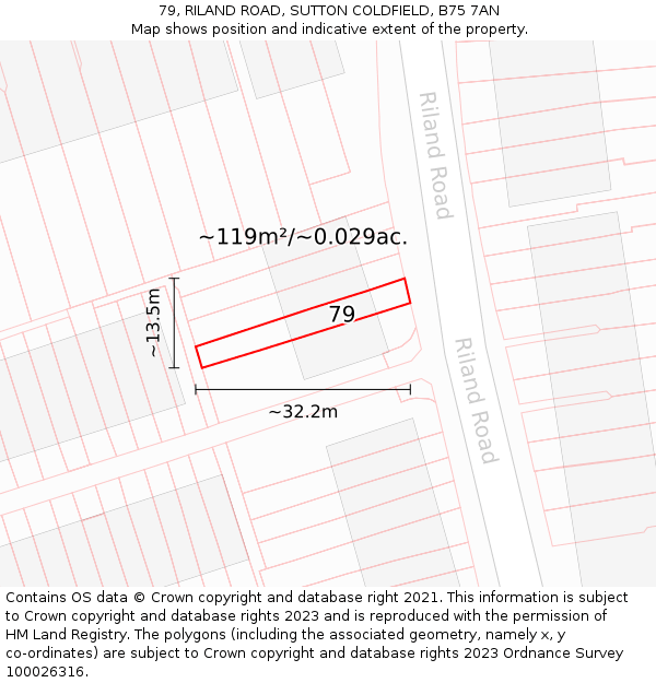 79, RILAND ROAD, SUTTON COLDFIELD, B75 7AN: Plot and title map