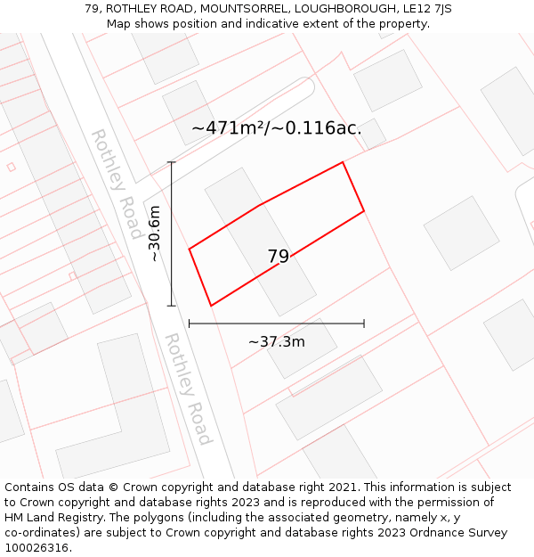 79, ROTHLEY ROAD, MOUNTSORREL, LOUGHBOROUGH, LE12 7JS: Plot and title map