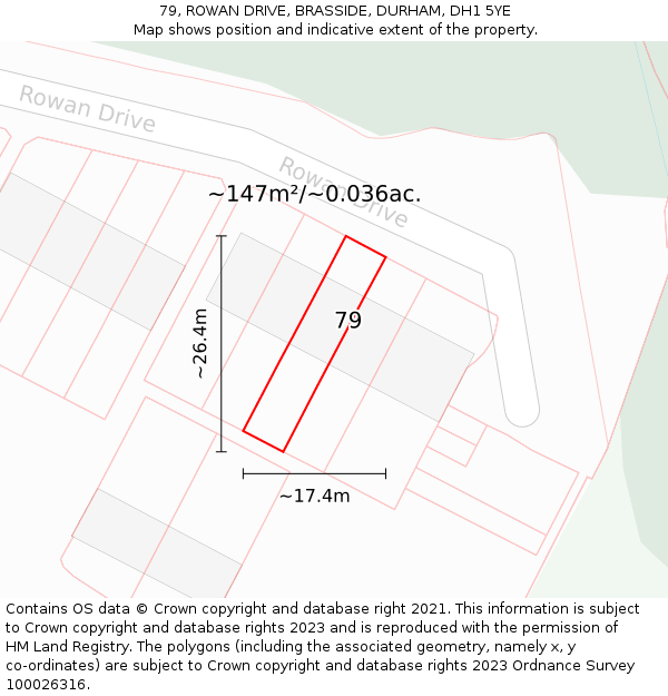 79, ROWAN DRIVE, BRASSIDE, DURHAM, DH1 5YE: Plot and title map