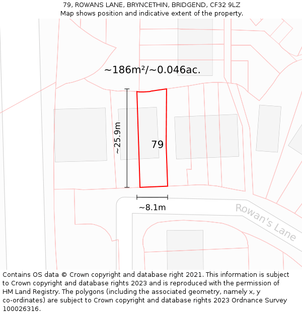 79, ROWANS LANE, BRYNCETHIN, BRIDGEND, CF32 9LZ: Plot and title map