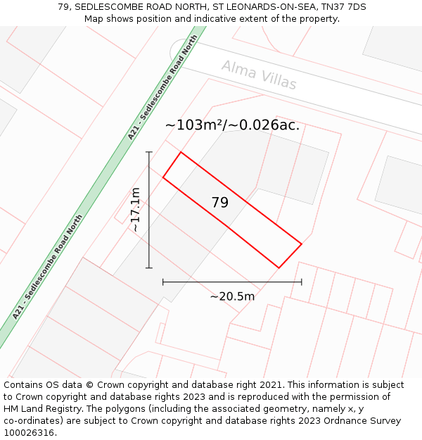79, SEDLESCOMBE ROAD NORTH, ST LEONARDS-ON-SEA, TN37 7DS: Plot and title map