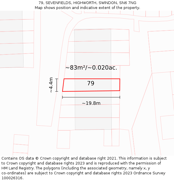 79, SEVENFIELDS, HIGHWORTH, SWINDON, SN6 7NG: Plot and title map