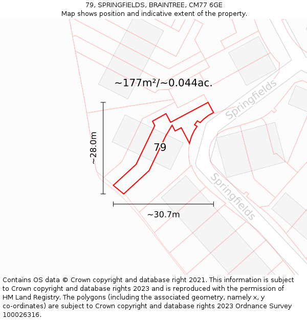 79, SPRINGFIELDS, BRAINTREE, CM77 6GE: Plot and title map