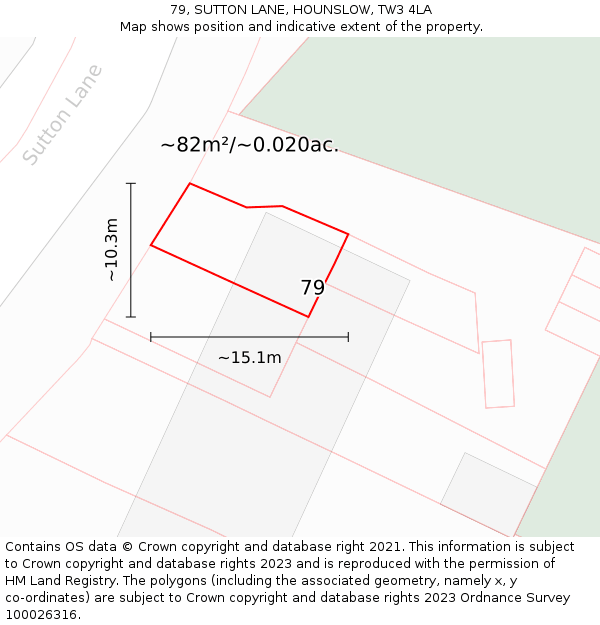 79, SUTTON LANE, HOUNSLOW, TW3 4LA: Plot and title map