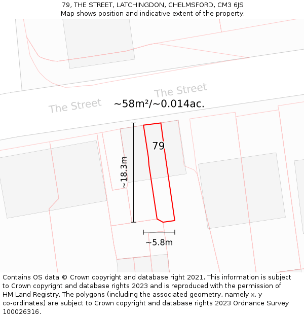 79, THE STREET, LATCHINGDON, CHELMSFORD, CM3 6JS: Plot and title map