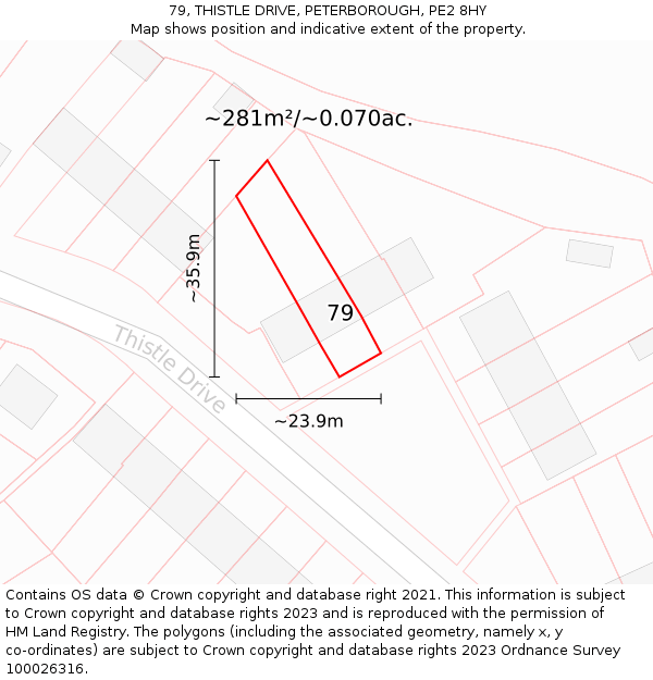 79, THISTLE DRIVE, PETERBOROUGH, PE2 8HY: Plot and title map